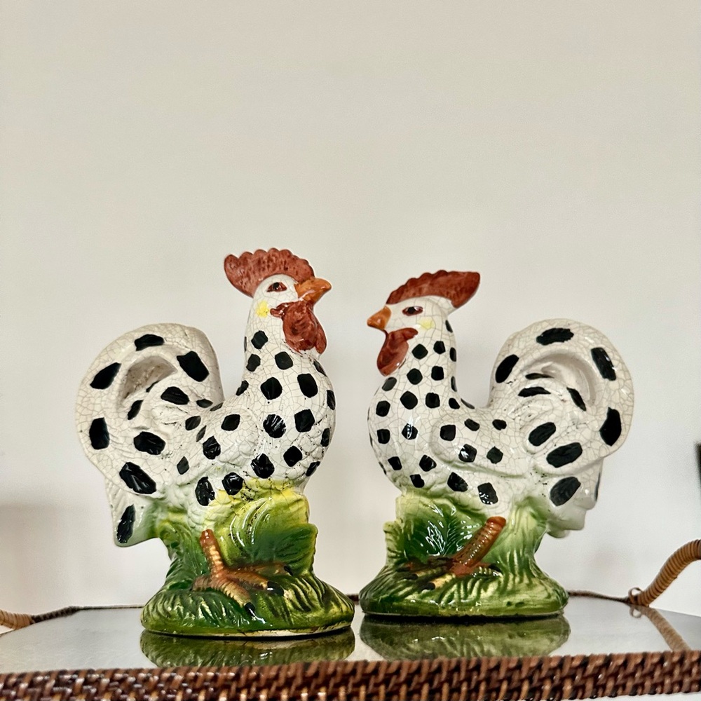 Two Polka Dot Rooster Figurines - White and Green